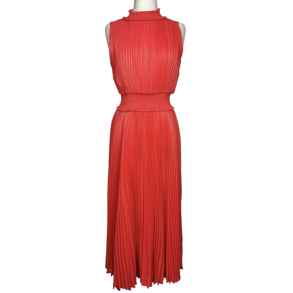Nanette Lepore Maxi Dress Women 6 Orange Pleated Smocked Waist Ruffle High Neck
